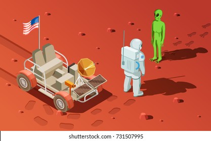 Astronauts space planet exploration isometric composition with martian landscape wheeled rover and spaceman meeting green alien vector illustration