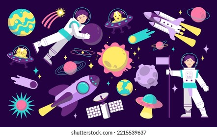 Astronauts in space, with planets, stars, spaceships, sun, rocket on dark background. Concept for children education, colorful cartoon collection. Vector illustration