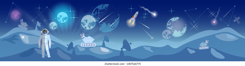 Astronauts space program banner. Research and space, study universe 