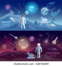 Astronauts space program banner research and space astronaut study universe astronaut in a spacesuit search for extraterrestrial life vector illustration 