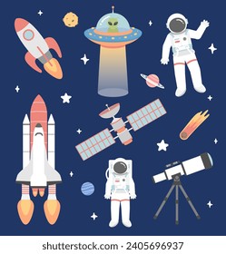 Astronauts in space with rocket and spaceship. Space adventure illustration vector set. Various Cosmic stickers set.