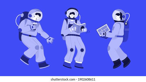 Astronauts at space set isolated persons. Man in spacesuit drinking soda. Women cosmonaut reading book and working on laptop. Space adventure, cosmos exploration. Vector character illustration