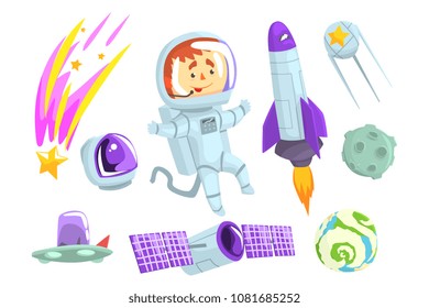 Astronauts in space, set for label design. Cosmos exploration colorful cartoon detailed Illustrations
