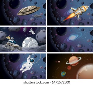 Astronauts and space ship scenes illustration