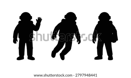 Astronauts In Space Suits Black Silhouette Against White Background astronaut spaceman cosmonaut explorer travel suit