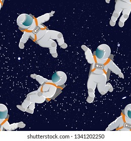 Astronauts with space suits in various poses. Space and stars. Illustration for gift paper, background, banners and cards. Seamless vector pattern