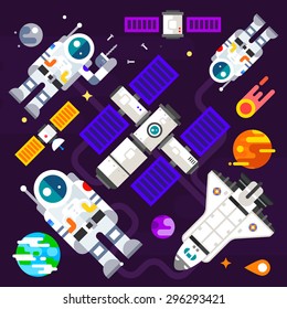 Astronauts and spacecraft in space in the midst of the planets in weightlessness. Vector flat illustration