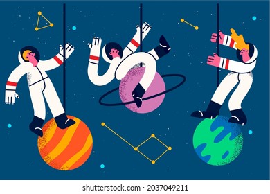 Astronauts and spacemen during work concept. Group of three young cosmonauts in suits levitating in space near planets and galaxies around vector illustration 