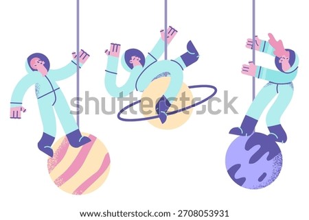 Astronauts and spacemen during work concept. Group of three young cosmonauts in suits levitating in space near planets and galaxies around vector illustration