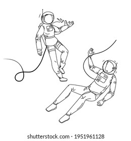 Astronauts In Spacesuit Flying Outer Space Black Line Pencil Drawing Vector. Cosmonauts Man And Woman Wearing Spacesuit And Helmet. Characters Spacepeople Universe Cosmos Explorer Mission Illustration