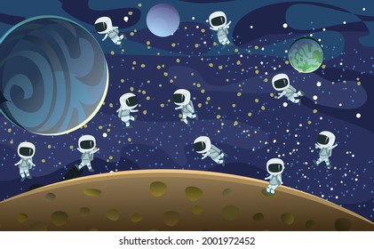 Astronauts in spacesuits. Cosmos background. Planets. Childrens illustration. Starry sky landscape. Dark colors. Flat style. Cartoon design. Vector