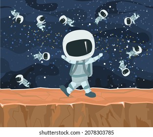 Astronauts in spacesuits. Cosmos background. Platform. Childrens illustration. Starry sky landscape. Dark colors. Flat style. Cartoon design. Vector.
