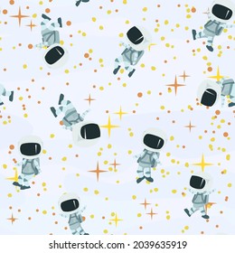 Astronauts in spacesuits. Cosmos background. Seamless pattern. Childrens illustration. Starry sky landscape. Flat style. Cartoon design. Vector.