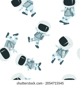 Astronauts in spacesuits. Cosmos background. Seamless pattern. Childrens illustration. Starry sky landscape. Flat style. Cartoon design. Vector.