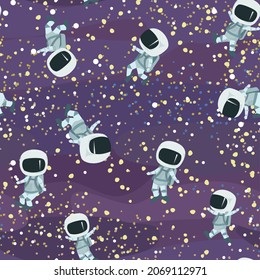 Astronauts in spacesuits. Cosmos background. Seamless pattern. Childrens illustration. Starry sky landscape. Flat style. Cartoon design. Vector.