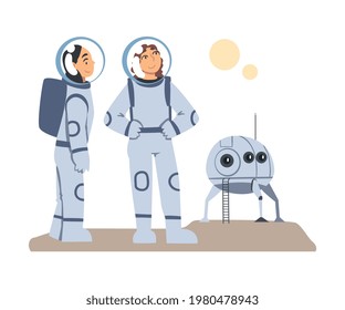 Astronauts in Spacesuits Exploring another Planet, Space Tourism Concept Cartoon Vector Illustration