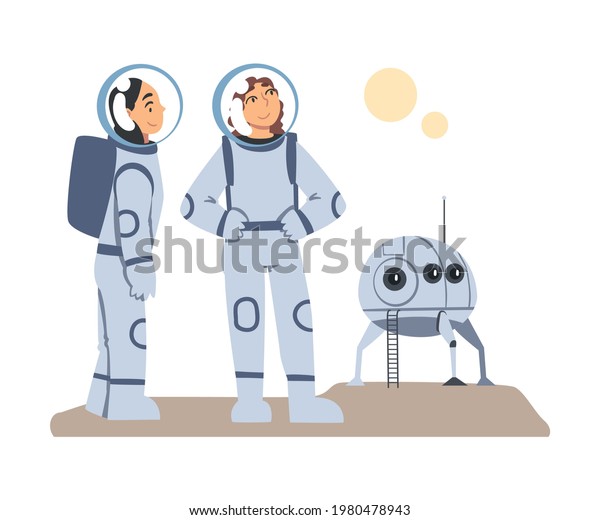 Astronauts in Spacesuits\
Exploring another Planet, Space Tourism Concept Cartoon Vector\
Illustration