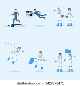 Astronauts in spacesuits flat illustrations set. Male and female cosmonauts training, space mission isolated cliparts pack. Universe explorers floating in zero gravity cartoon vector characters