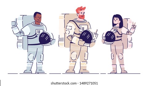 Astronauts in spacesuits flat vector illustration. International cosmonauts team standing and holding helmets isolated cartoon character on white background. Crew members, space travel
