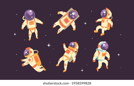 Astronauts in Spacesuits Floating in Outer Space Set, Spaceman Performing Extravehicular Activity on Backgound of Stars Vector Illustration