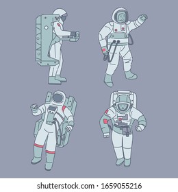 Astronauts in spacesuits isolated on blue background. Spacemen, cosmonauts with space equipment vector cartoon illustration. Human spaceflight, walking among planets and stars outline concept.