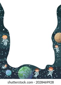 Astronauts in spacesuits. Kids. Cosmos background. Childrens illustration. Frame. Starry sky landscape. Dark colors. Flat style. Cartoon design. Vector