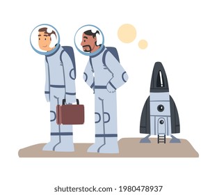 Astronauts in Spacesuits Landed on another Planet, Space Tourism Concept Cartoon Vector Illustration