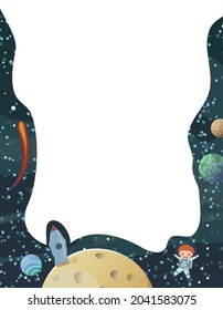Astronauts in spacesuits. Rocket. Cosmos background. Childrens illustration. Starry sky landscape. Dark colors. Flat style. Cartoon design. Isolated on white background. Vector.