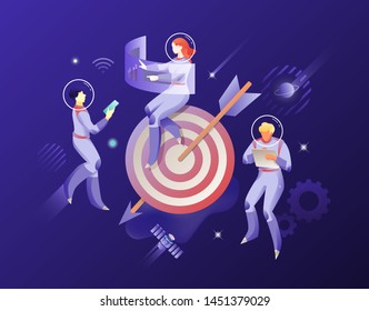 Astronauts in spacesuits and target with arrow. Vector metaphor of business goal achievement and success. 