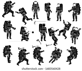 Astronauts in spacesuits work during spacewalk. Men and women in orbit. Welder in space. Astronaut equipment. Isolated icons silhouettes collection.