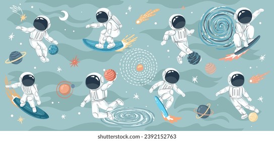 Astronautas realizan actividades deportivas en el espacio abierto, arte dibujado a mano vectorial