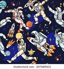 Astronauts in sport activities with spaceships and planets. Seamless pattern with hand drawn vector illustrations with space theme