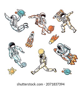 Astronauts in sport poses. A set of hand drawn illustrations of icons with space and sport theme