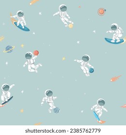 Astronauts sports activity, seamless pattern with vector hand drawn art