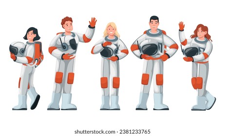 Los astronautas que están de pie con los cascos ponen ilustración vectorial. Caricatura aislada de hombres y mujeres felices disfrazados de tripulantes de naves espaciales levantando la mano, personajes astronautas en espacios saludando y caminando