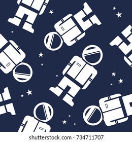 Astronauts and stars, hand drawn seamless pattern. Colorful background vector, outer space. Decorative wallpaper, good for printing. Overlapping backdrop design, flat style
