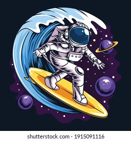 astronauts surf on a surfboard in space with stars, planets and ocean waves artwork vector