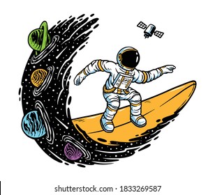 Astronauts surfing the universe illustration	