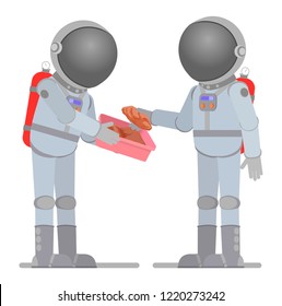 Astronauts take soil samples. Vector illustration, flat design style. Isolated on a white background.