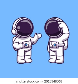 Astronauts Talking Cartoon Vector Icon Illustration. Science Technology Icon Concept Isolated Premium Vector. Flat Cartoon Style