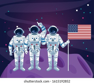 astronauts team american flag in moon galaxy space exploration vector illustration