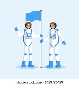 Astronauts team placing flag flat illustration. Female smiling cosmonauts wearing spacesuits, waving hand cartoon characters. Alien planet, moon landing, space exploration isolated clipart