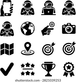 astronauts technology communication and achievement symbols with activity illustrations