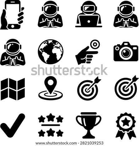 astronauts technology communication and achievement symbols with activity illustrations