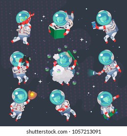 Astronauts with their faces seen wearing space suits. Various sports and leisure activities in open space. Vector illustrations 