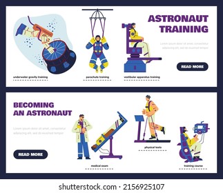 Astronauts training banners or posters set with men training for space flight, flat vector illustration. Training center for astronauts or cosmonauts.