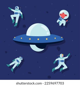 astronauts with ufo set icons