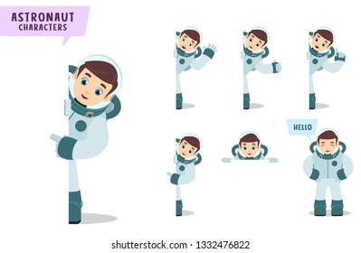 Astronauts vector character set. Spaceman cartoon character talking and showing empty white board with space for text for astronomy and science presentation. Vector illustration.
