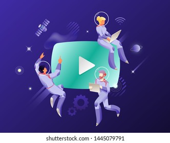 Astronauts with video player icon. Vector metaphor of video blogs, streaming services, podcasts, news, video traning etc. Business univerce theme