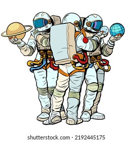 Astronauten betrachten und erkunden die Planeten des Sonnensystems. Erde und Saturn, Mond. Astronautikwissenschaft. Pop Art Retro, Vektorgrafik 50er 60er Jahre Kitsch Vintage